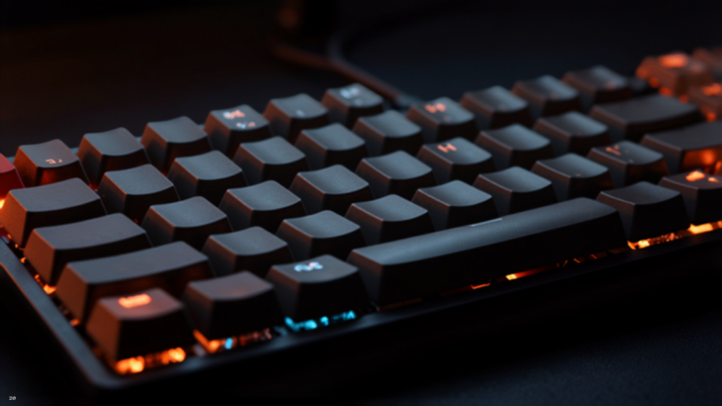 Close-up de switches coloridos de teclado mecânico com iluminação laranja