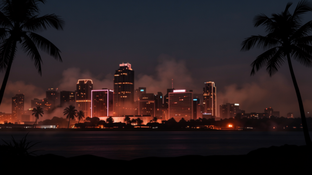 Skyline noturno estilo Vice City com palmeiras iluminadas em tons de neon