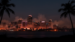 Skyline noturno estilo Vice City com palmeiras iluminadas em tons de neon