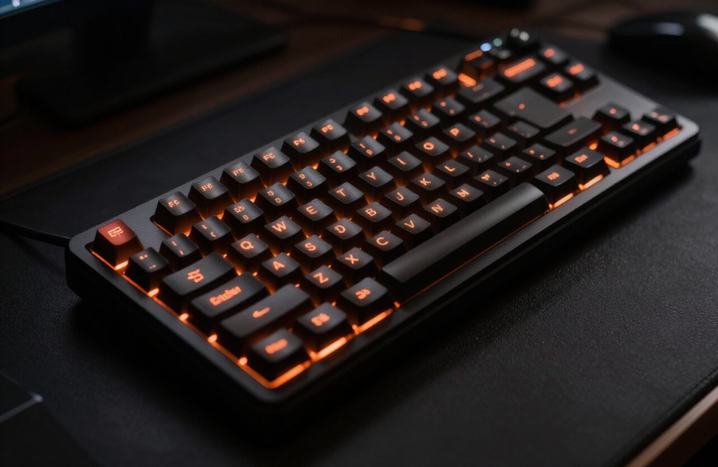 Teclado mecânico com retroiluminação laranja