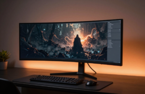 Ecrã ultrawide curvo numa secretária gaming